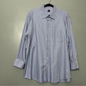 Ike Behar Blue Houndstooth Button-Down Dress Shirt 100% Cotton 17 1/2-33 Large